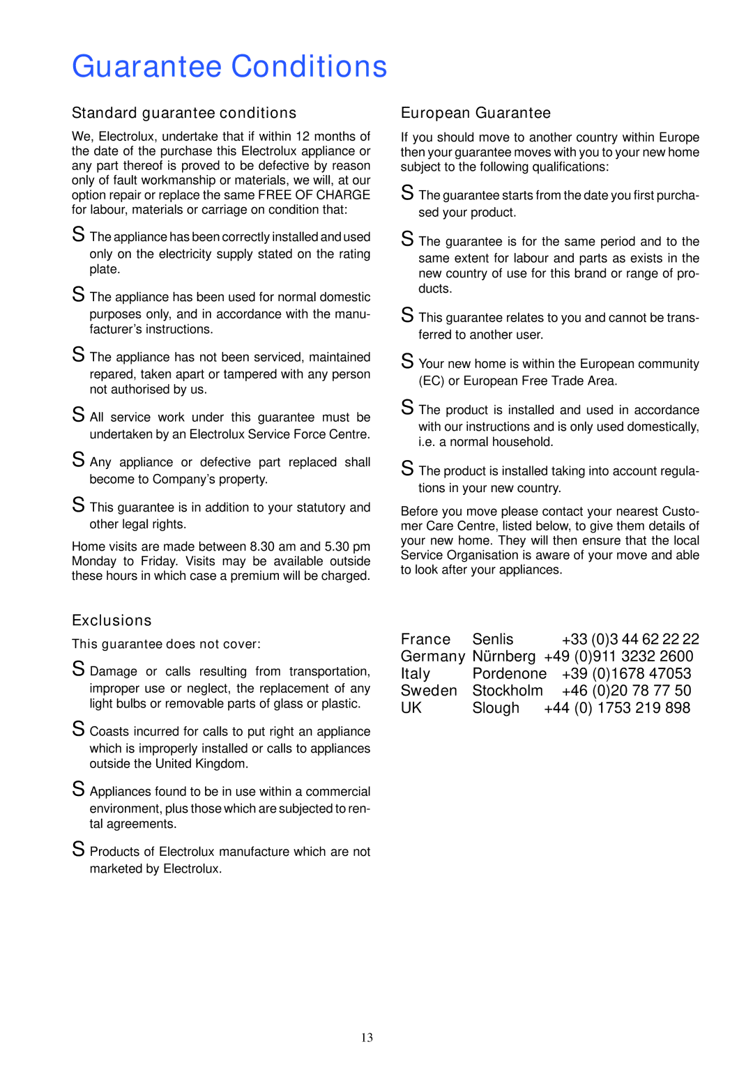 Electrolux U20452 manual Guarantee Conditions 