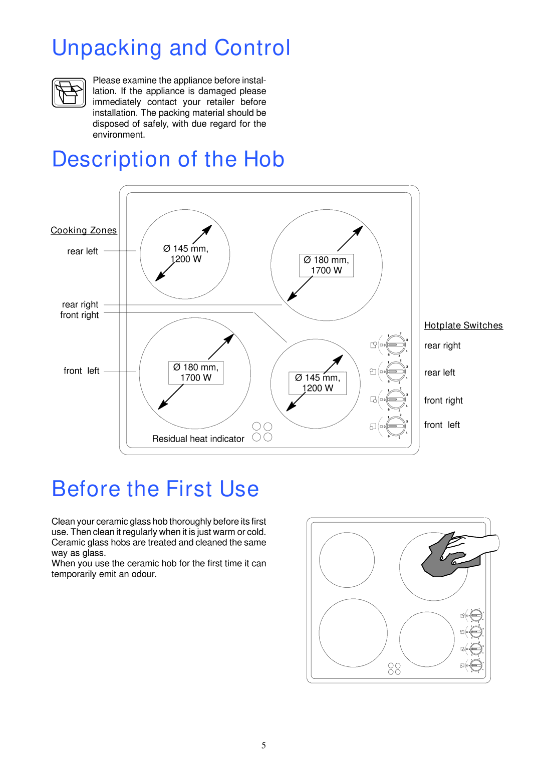 Electrolux U20452 manual Unpacking and Control, Description of the Hob, Before the First Use 