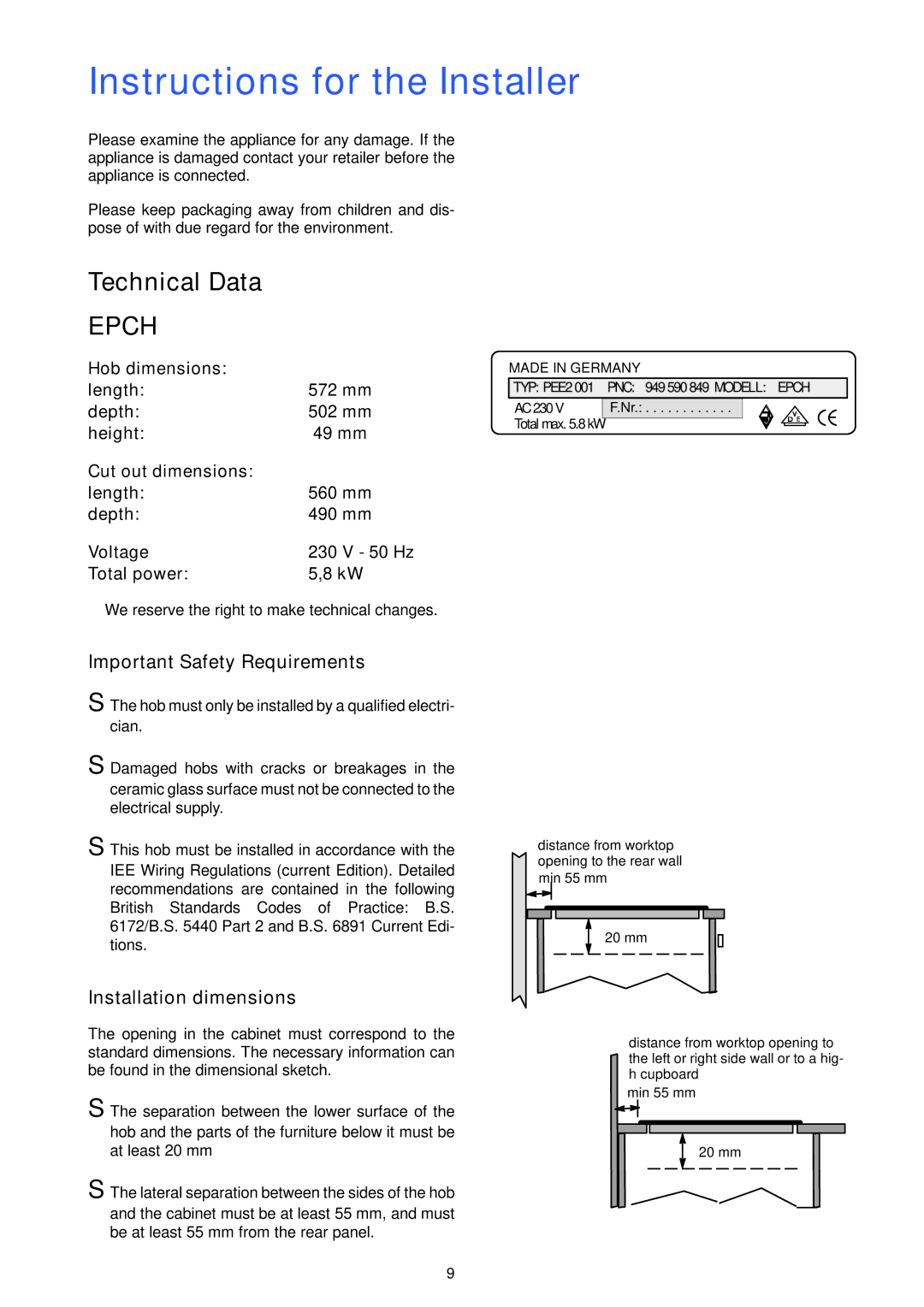 Electrolux U20452 manual Instructions for the Installer, Important Safety Requirements, Installation dimensions 