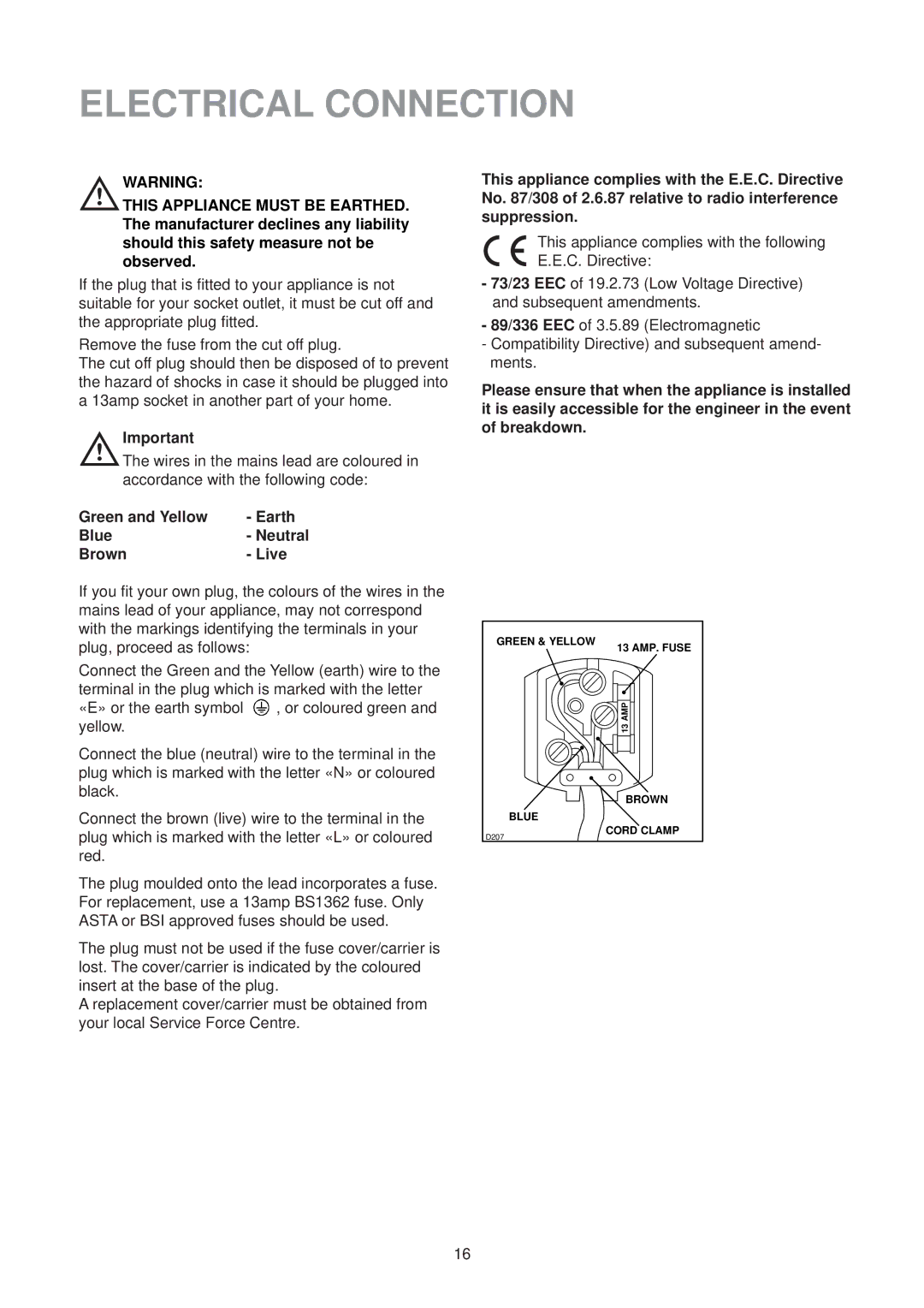 Electrolux U21312 manual Electrical Connection, Green and Yellow Earth Blue Neutral Brown Live 