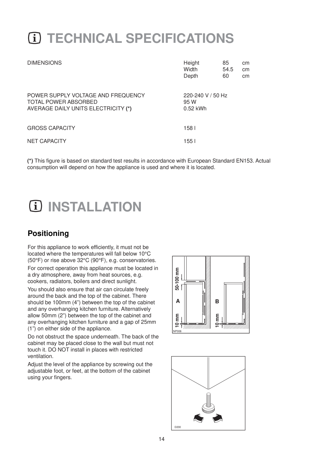 Electrolux U21312 manual Technical Specifications, Installation, Positioning 