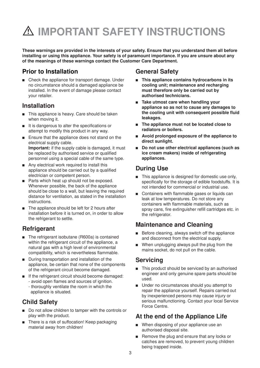 Electrolux U21312 manual Important Safety Instructions 