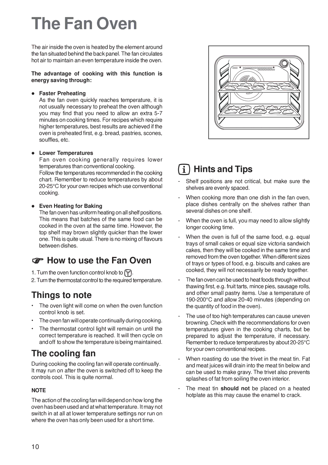 Electrolux U26226 manual How to use the Fan Oven, Things to note, Hints and Tips 