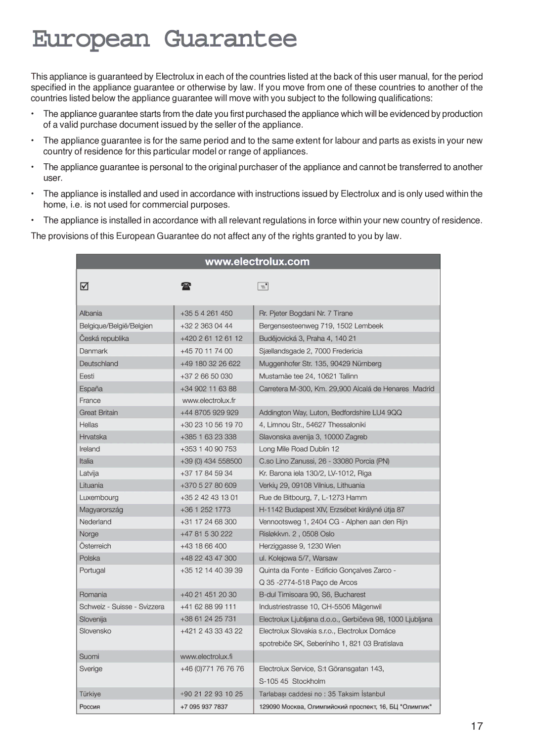 Electrolux U26226 manual European Guarantee 