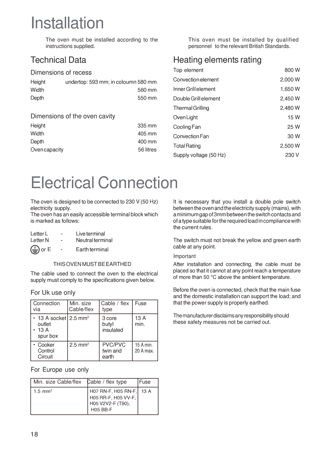 Electrolux U26226 Installation, Electrical Connection, Technical Data Heating elements rating, This Oven Must be Earthed 