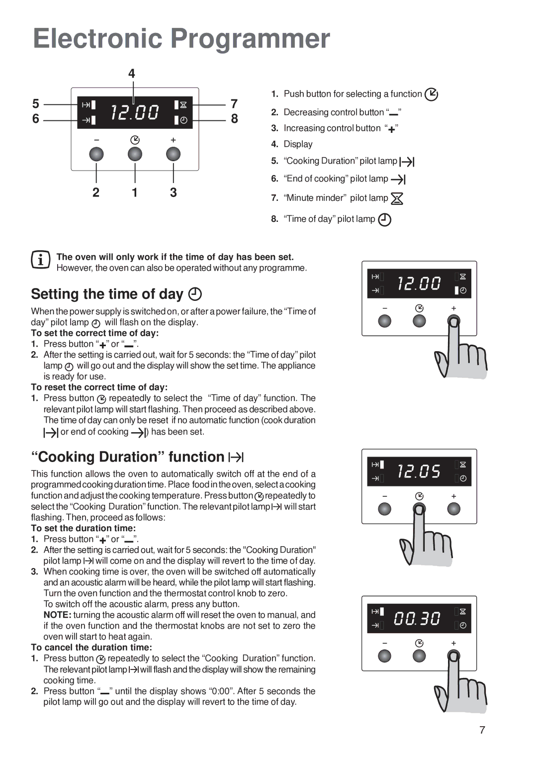 Electrolux U26226 manual Electronic Programmer, Setting the time of day, Cooking Duration function 