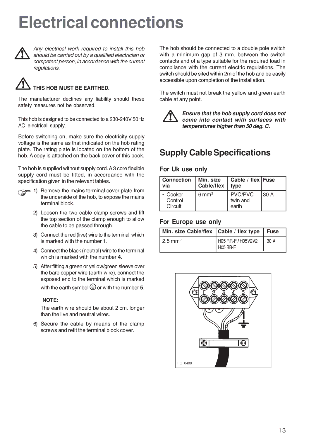 Electrolux U26227 manual Electrical connections, Supply Cable Specifications 