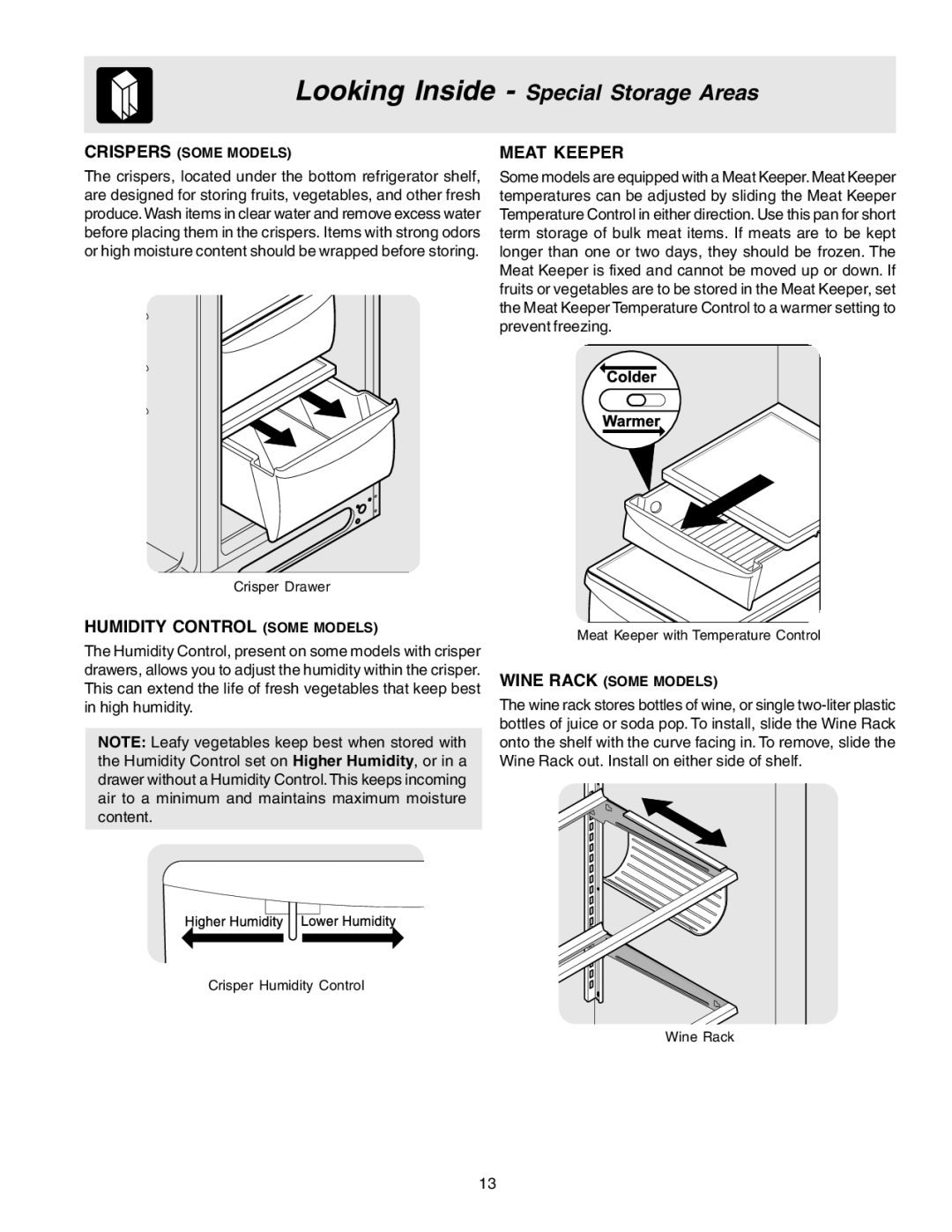 Electrolux U27107 manual Humidity Control Some Models, Meat Keeper 