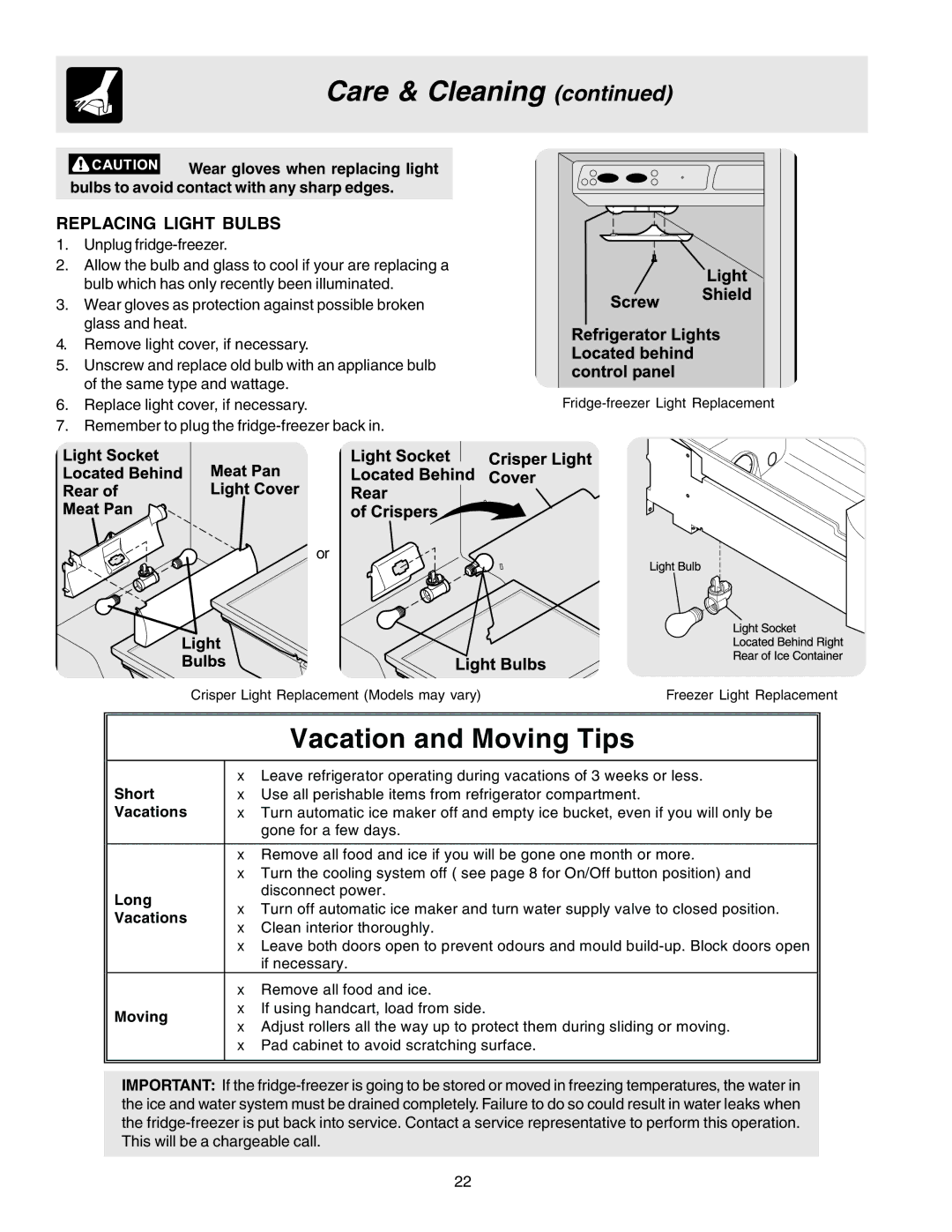 Electrolux U27107 manual Vacation and Moving Tips, Replacing Light Bulbs 