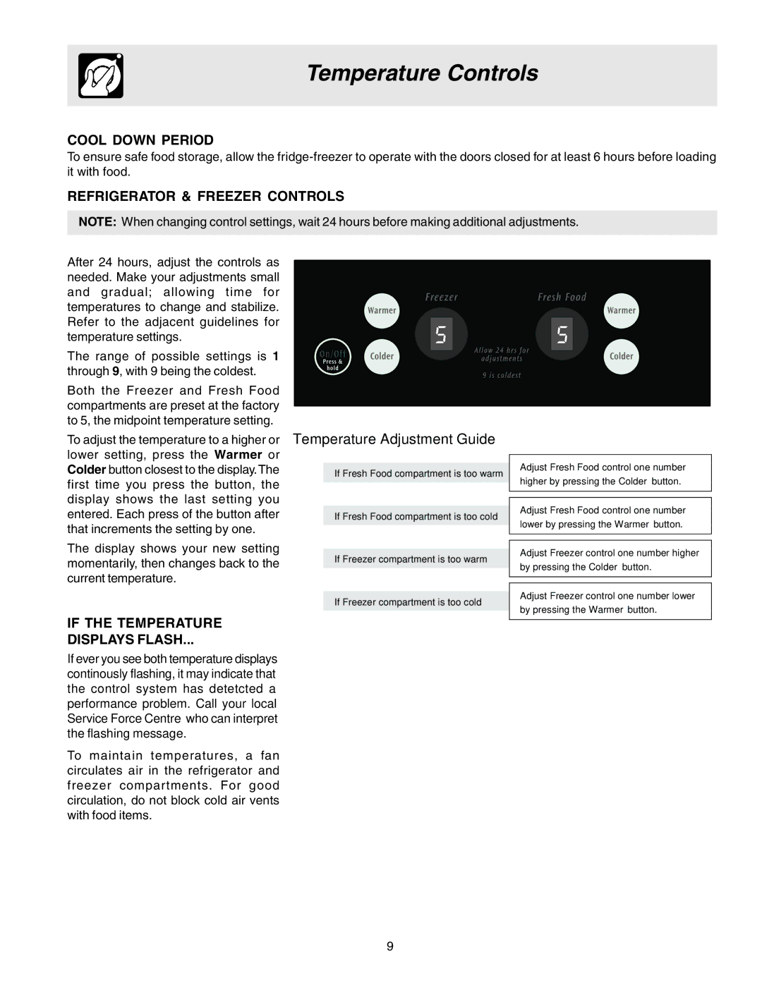 Electrolux U27107 manual Temperature Controls, Cool Down Period, Refrigerator & Freezer Controls 