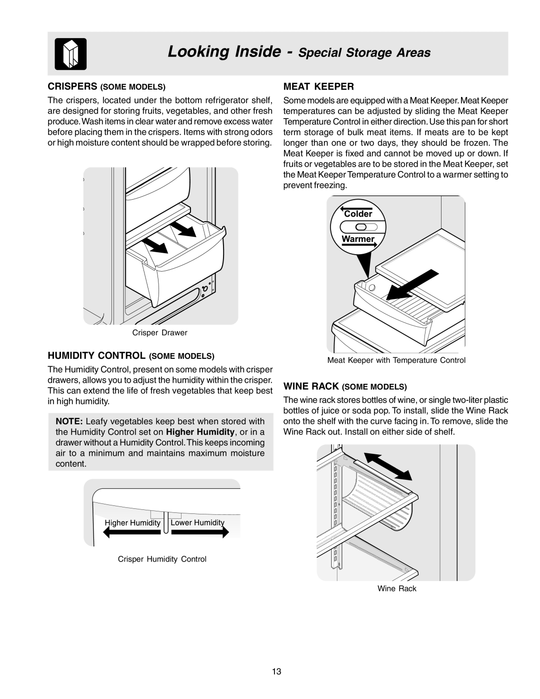 Electrolux U27107 manual Looking Inside - Special Storage Areas, Humidity Control Some Models, Meat Keeper 