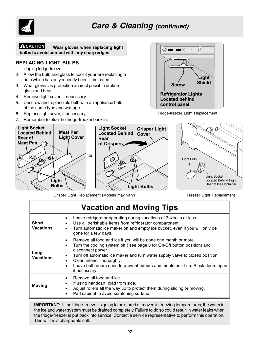 Electrolux U27107 manual Care & Cleaning continued, Vacation and Moving Tips, Replacing Light Bulbs 
