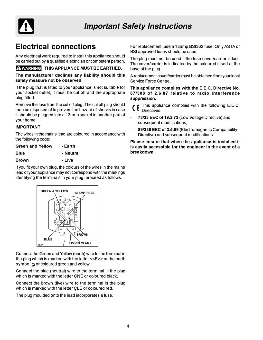 Electrolux U27107 manual Electrical connections, Important Safety Instructions 