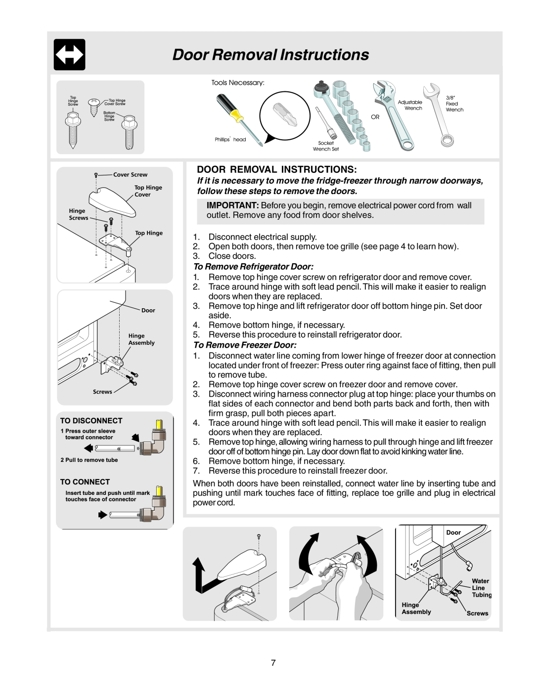 Electrolux U27107 manual Door Removal Instructions, To Remove Refrigerator Door, To Remove Freezer Door 
