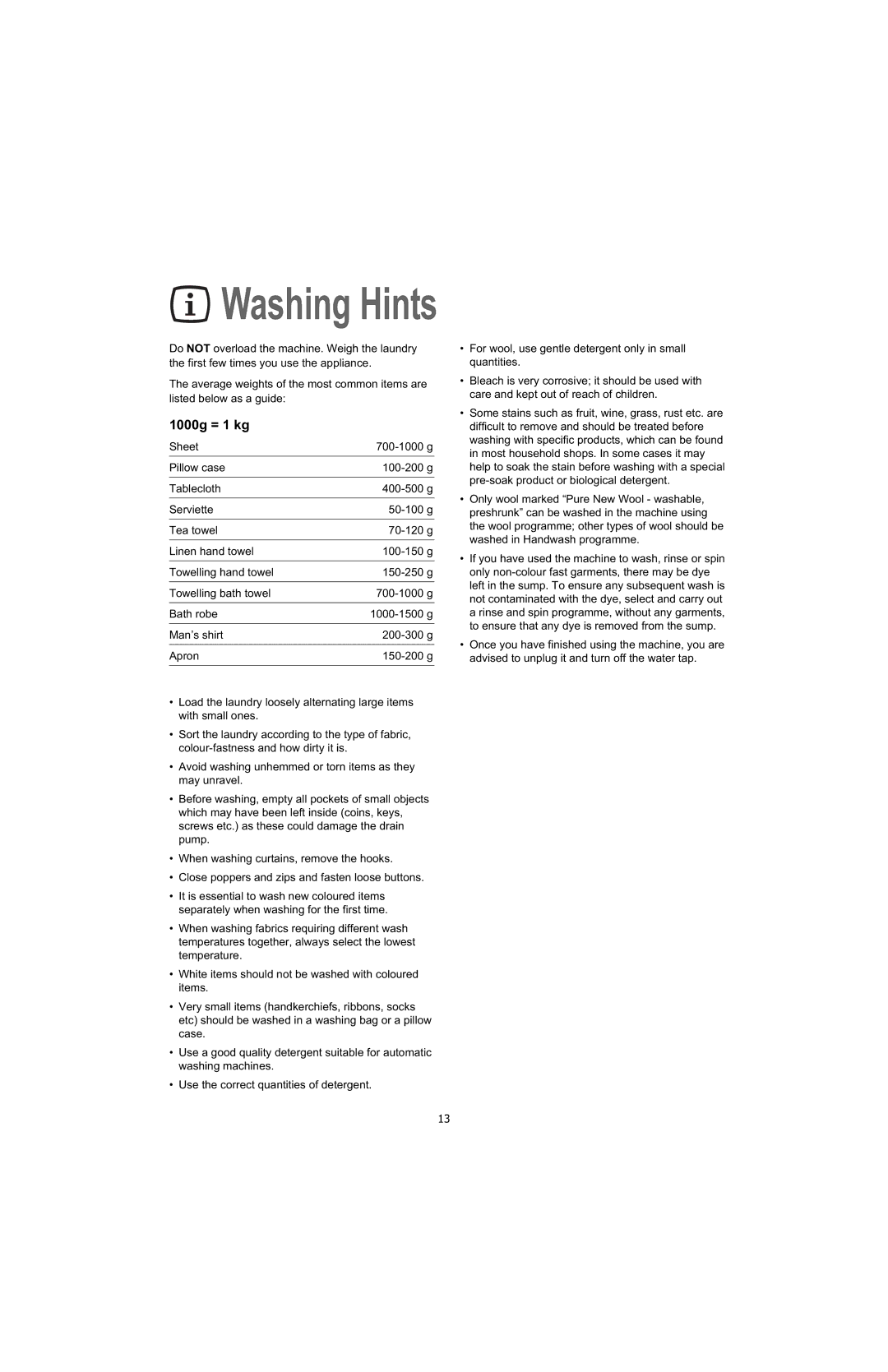 Electrolux U28190 manual Washing Hints 