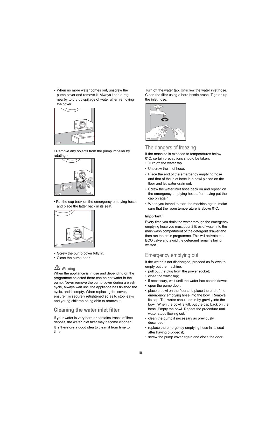 Electrolux U28190 manual Cleaning the water inlet filter, Emergency emptying out 