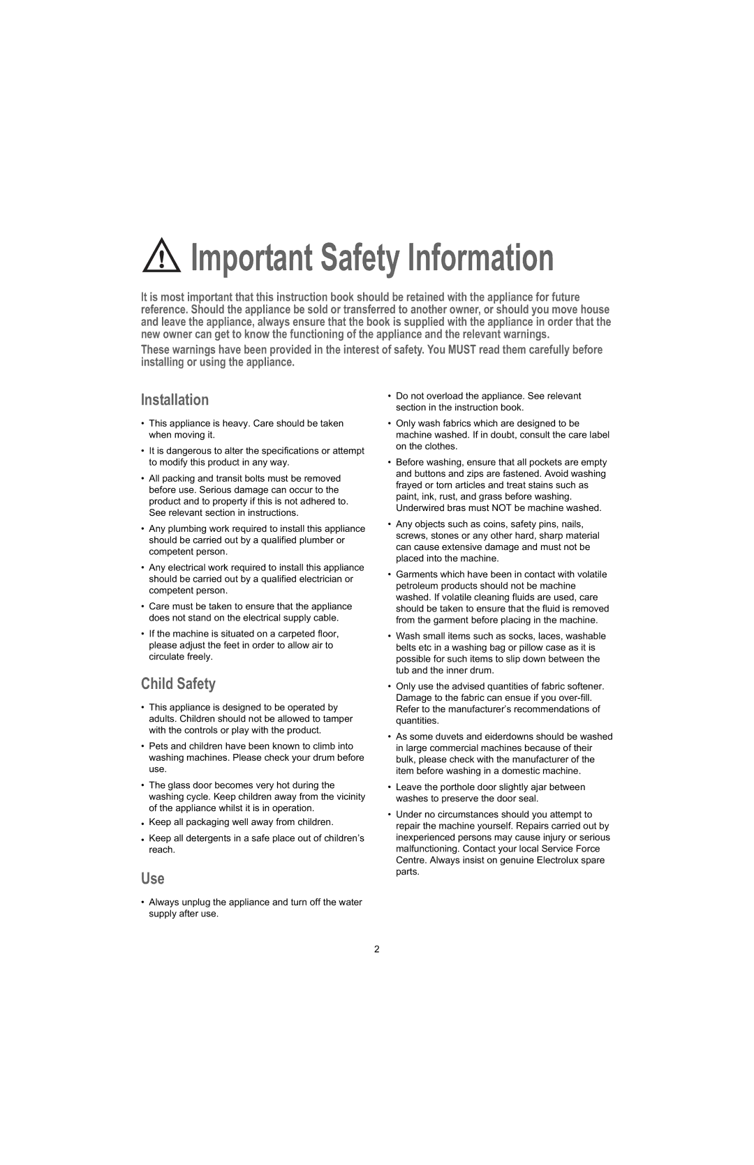 Electrolux U28190 manual Important Safety Information 