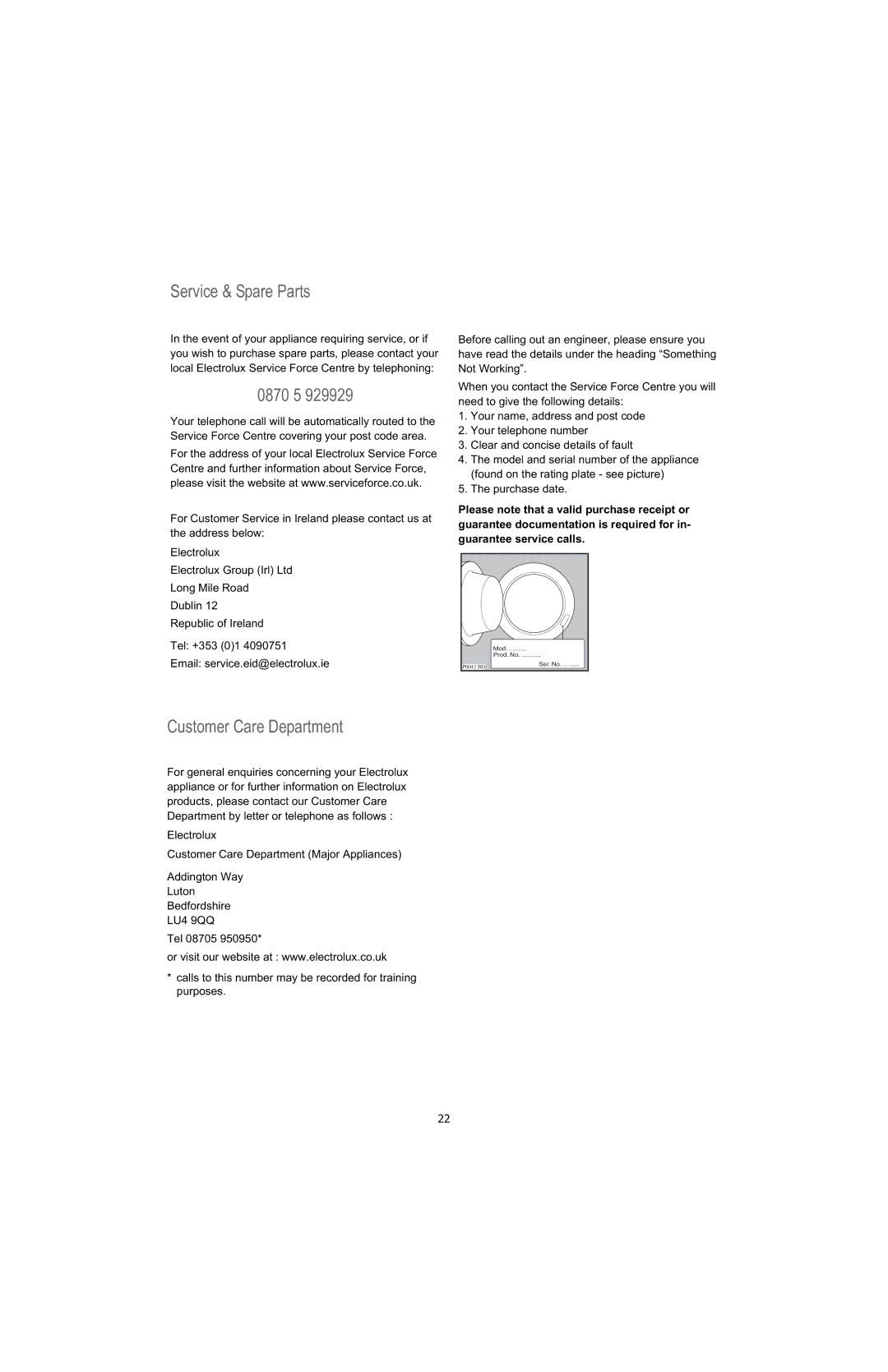 Electrolux U28190 manual Service & Spare Parts, 0870 5, Customer Care Department 