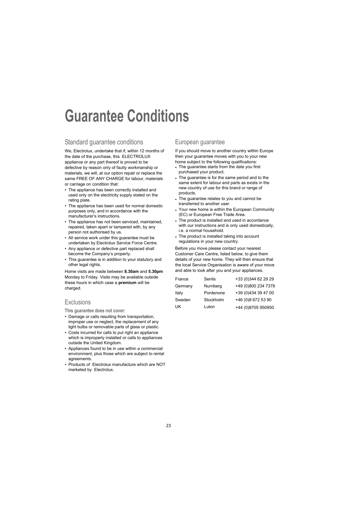 Electrolux U28190 manual Guarantee Conditions, Exclusions, European guarantee 