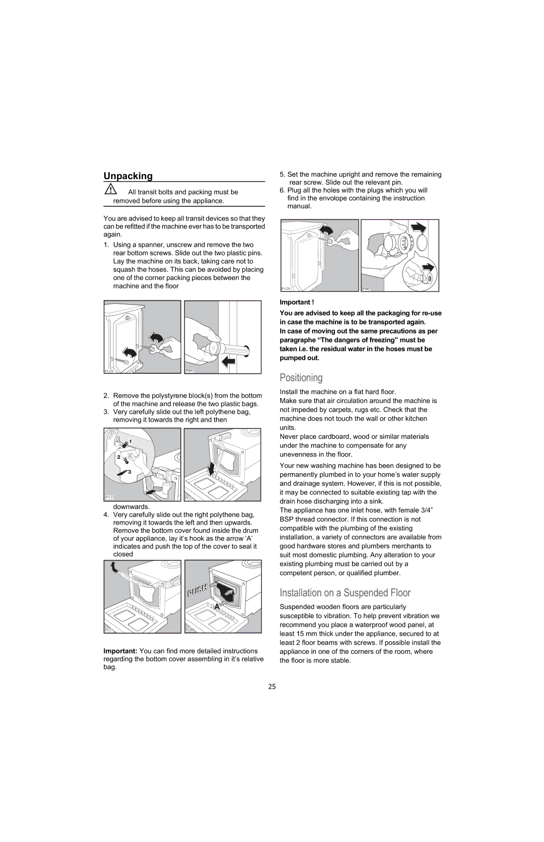 Electrolux U28190 manual Positioning, Installation on a Suspended Floor, Unpacking 