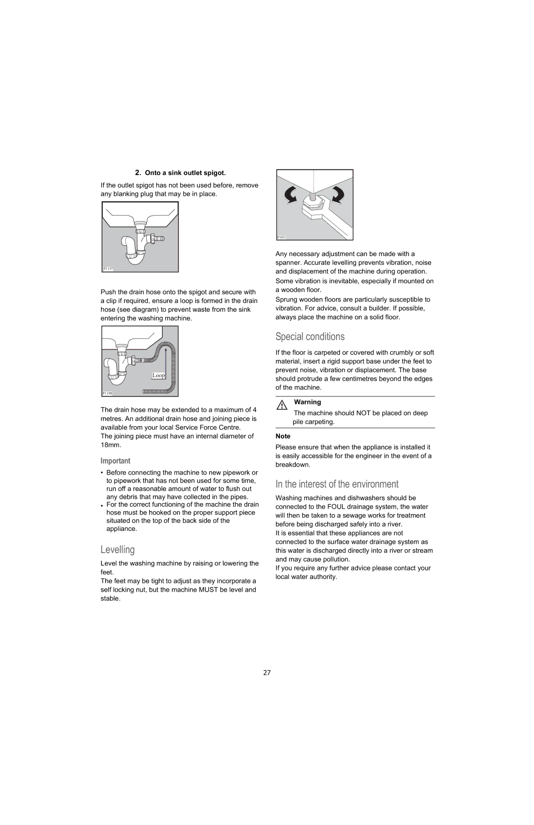 Electrolux U28190 manual Levelling, Special conditions, Interest of the environment, Onto a sink outlet spigot 