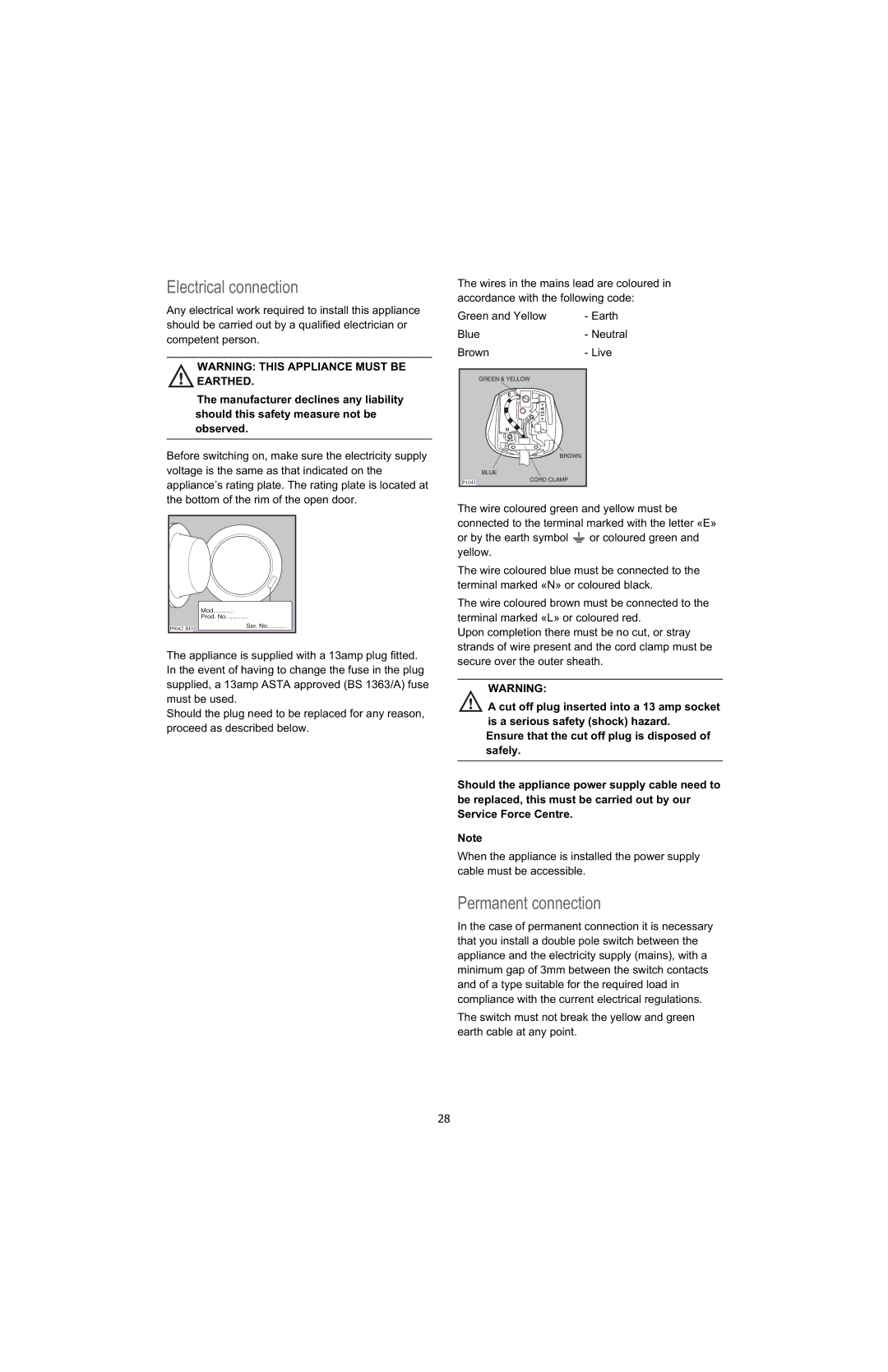 Electrolux U28190 manual Electrical connection, Permanent connection 