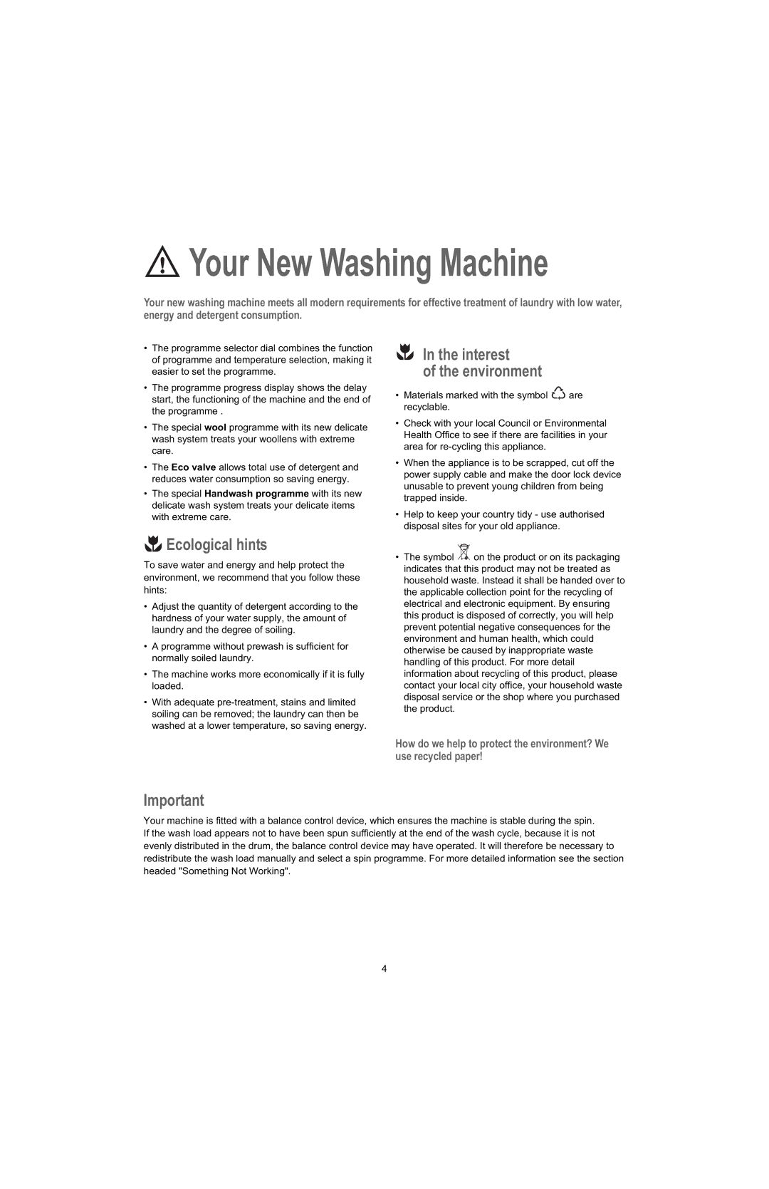 Electrolux U28190 manual Your New Washing Machine 