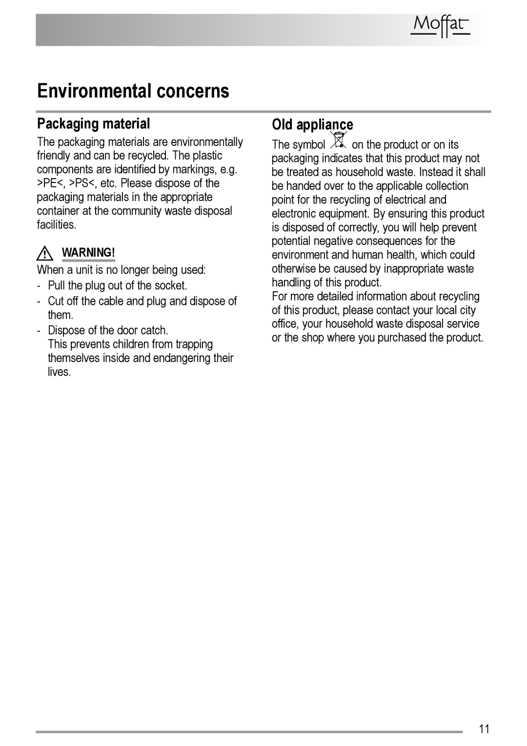Electrolux U29065 user manual Environmental concerns, Packaging material, Old appliance 
