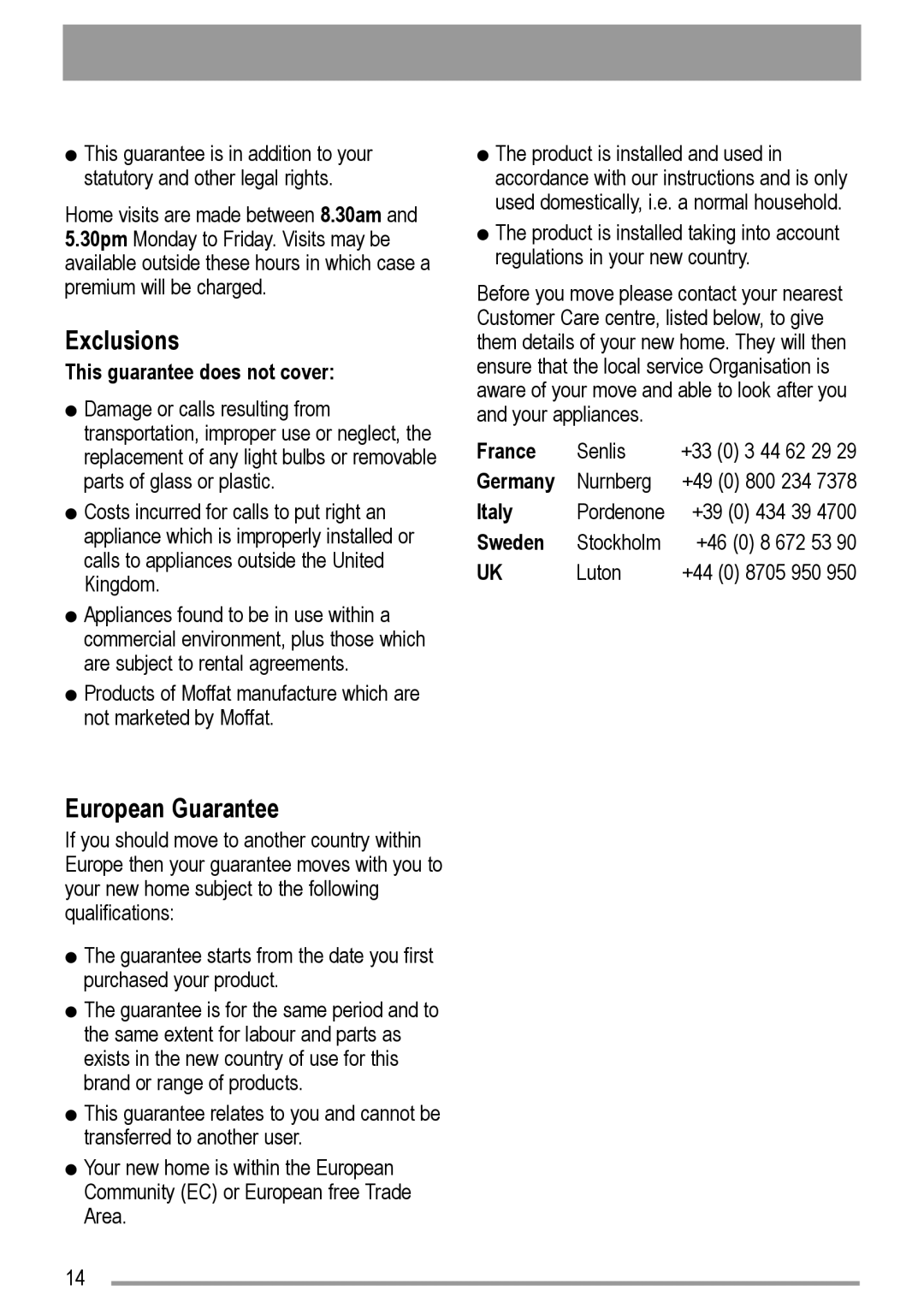 Electrolux U29065 user manual Exclusions, European Guarantee 