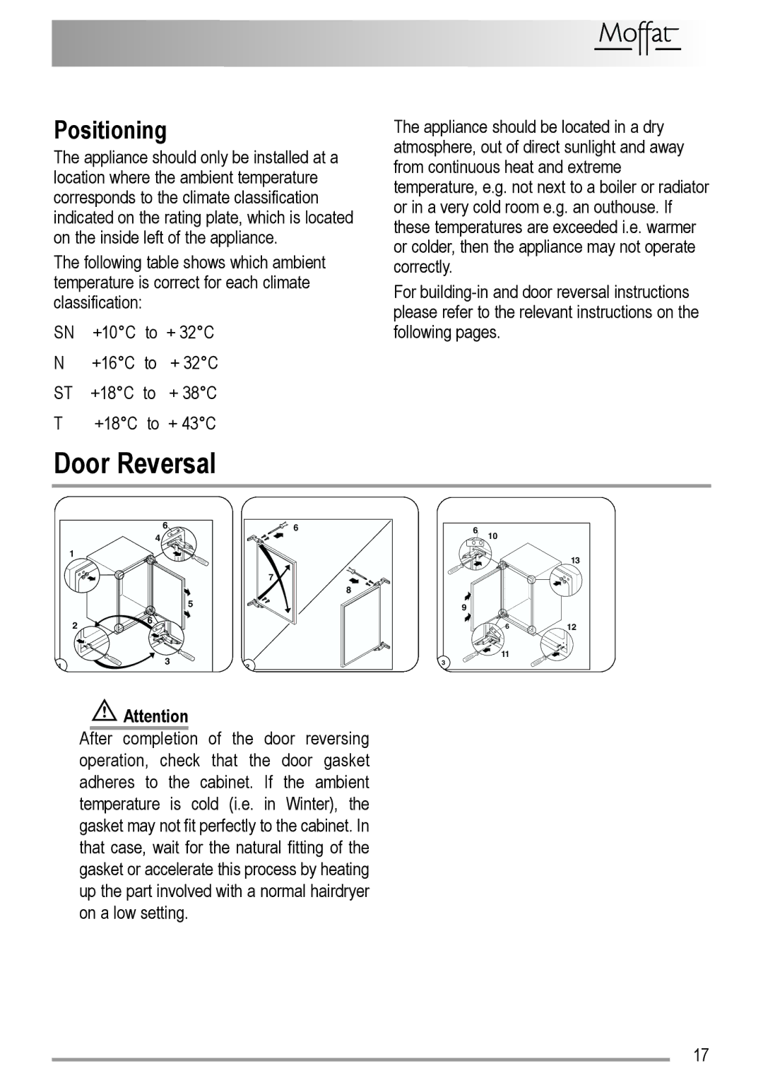 Electrolux U29065 user manual Door Reversal, Positioning 