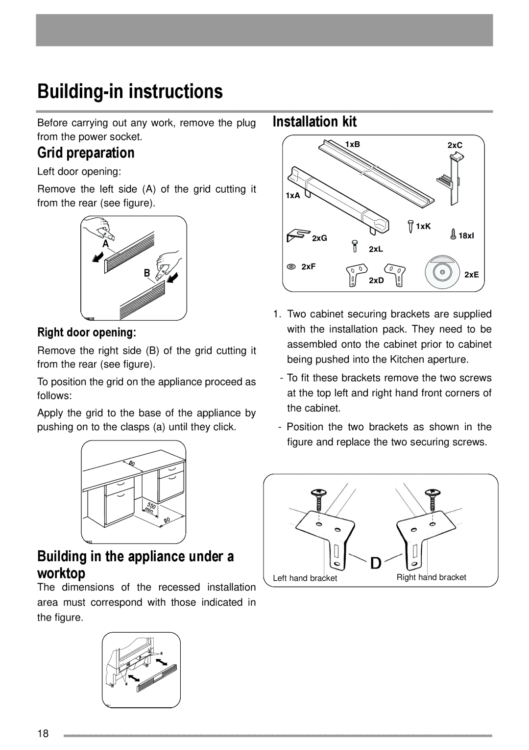 Electrolux U29065 Building-in instructions, Grid preparation, Installation kit, Building in the appliance under a worktop 