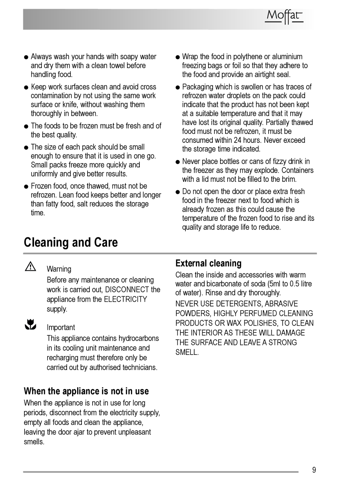 Electrolux U29065 user manual Cleaning and Care, External cleaning, When the appliance is not in use 