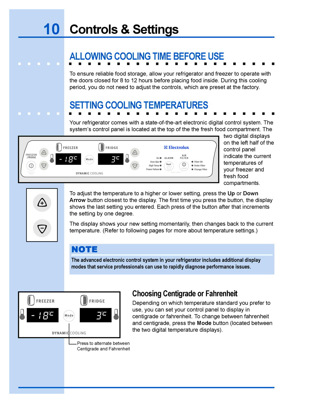 Electrolux U30024 manual Controls & Settings, Allowing Cooling Time Before USE, Setting Cooling Temperatures 