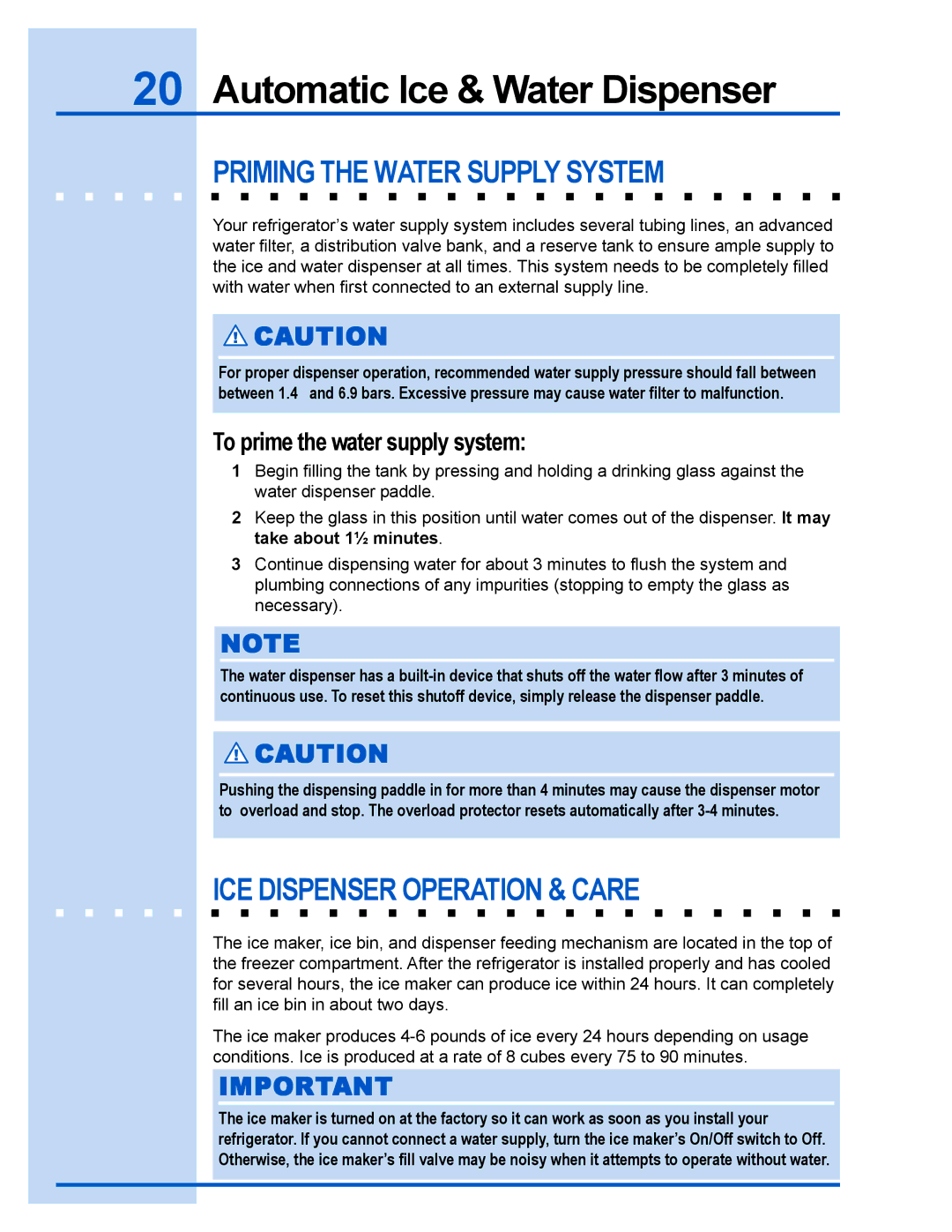 Electrolux U30024 manual Priming the Water Supply System, ICE Dispenser Operation & Care, To prime the water supply system 