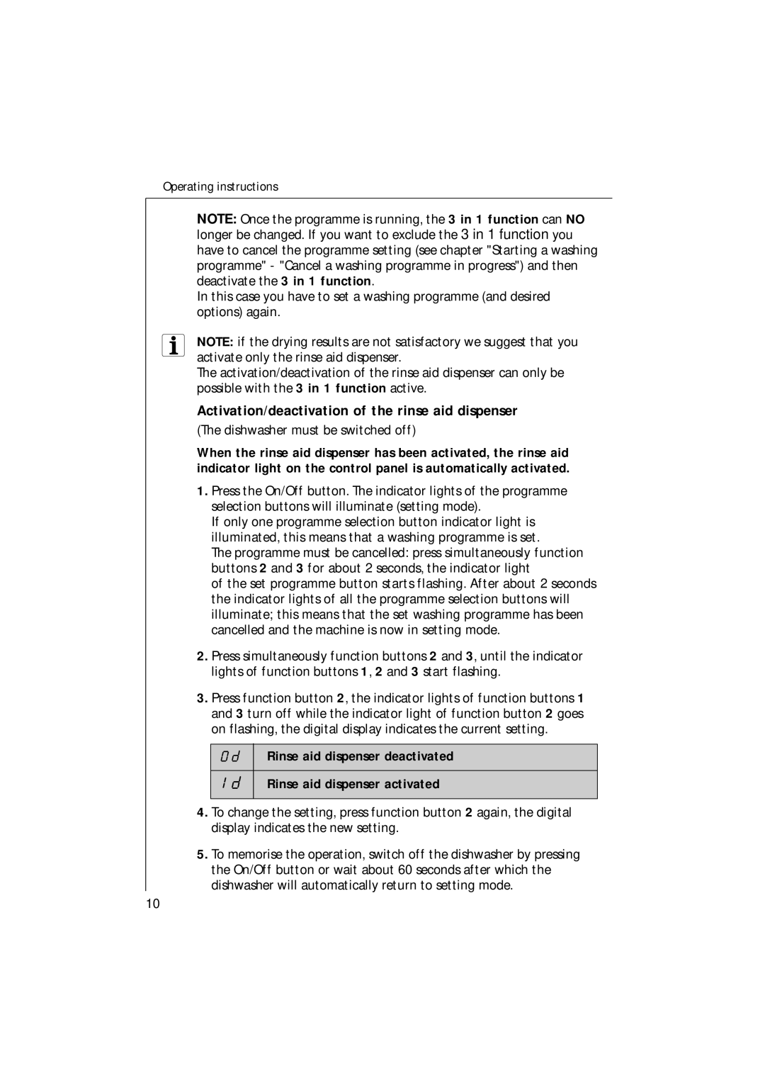 Electrolux U30205 manual Activation/deactivation of the rinse aid dispenser, Dishwasher must be switched off 