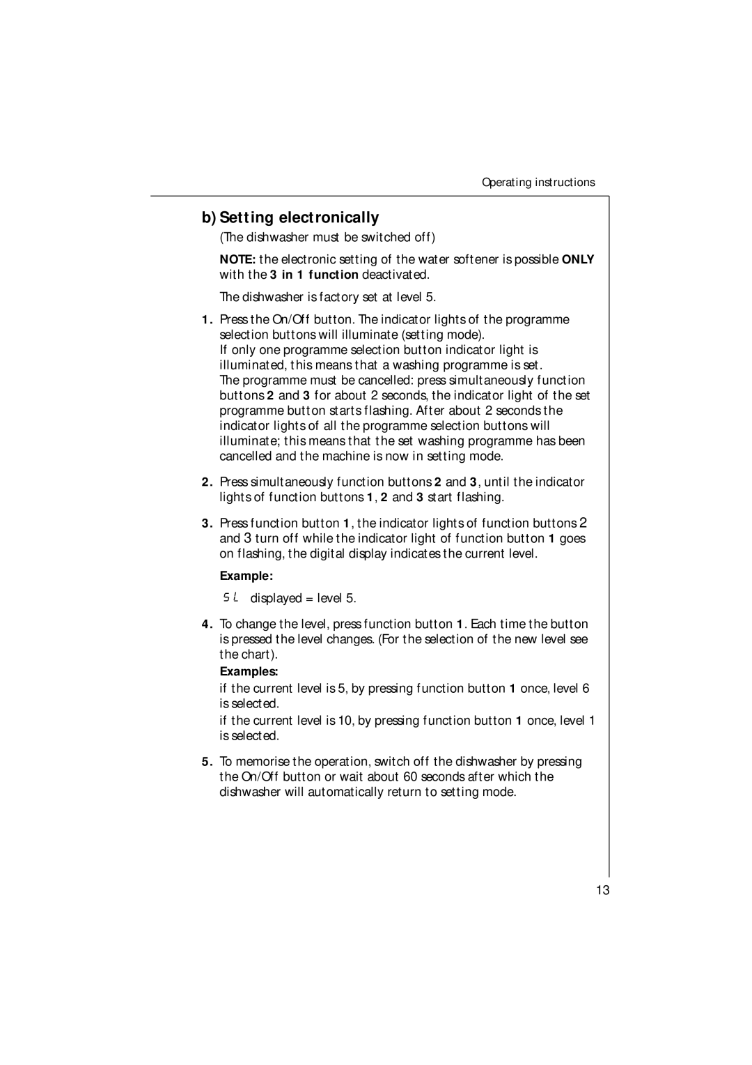 Electrolux U30205 manual Setting electronically, Examples 