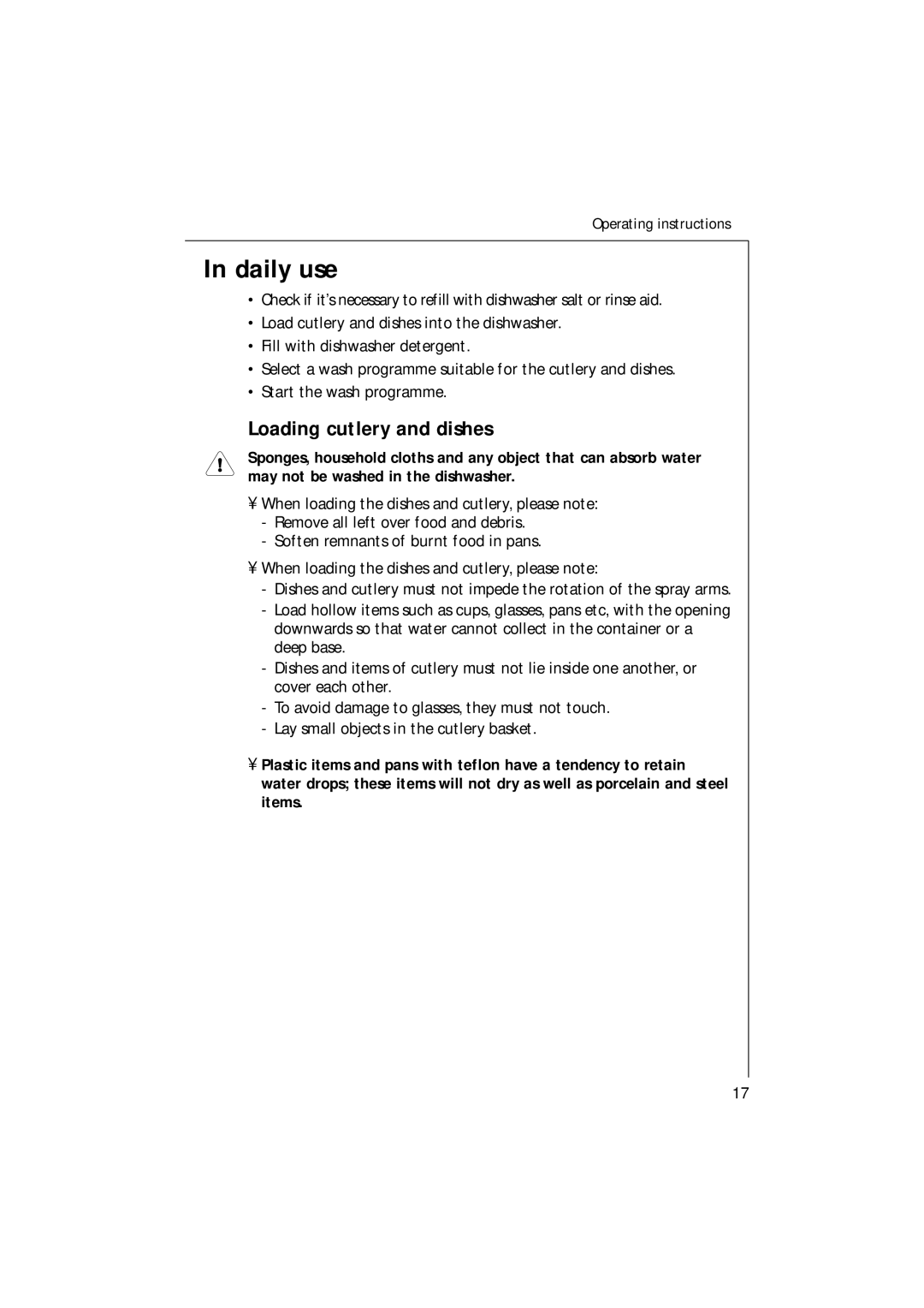 Electrolux U30205 manual Daily use, Loading cutlery and dishes 