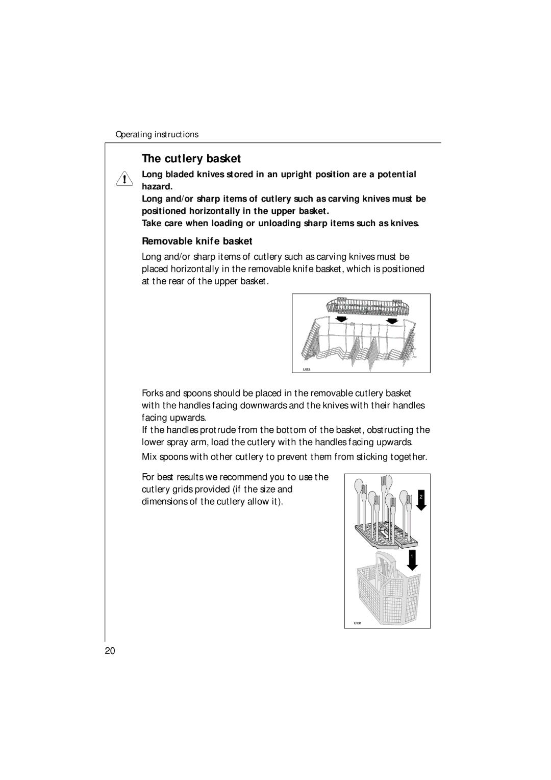 Electrolux U30205 manual Cutlery basket, Removable knife basket 