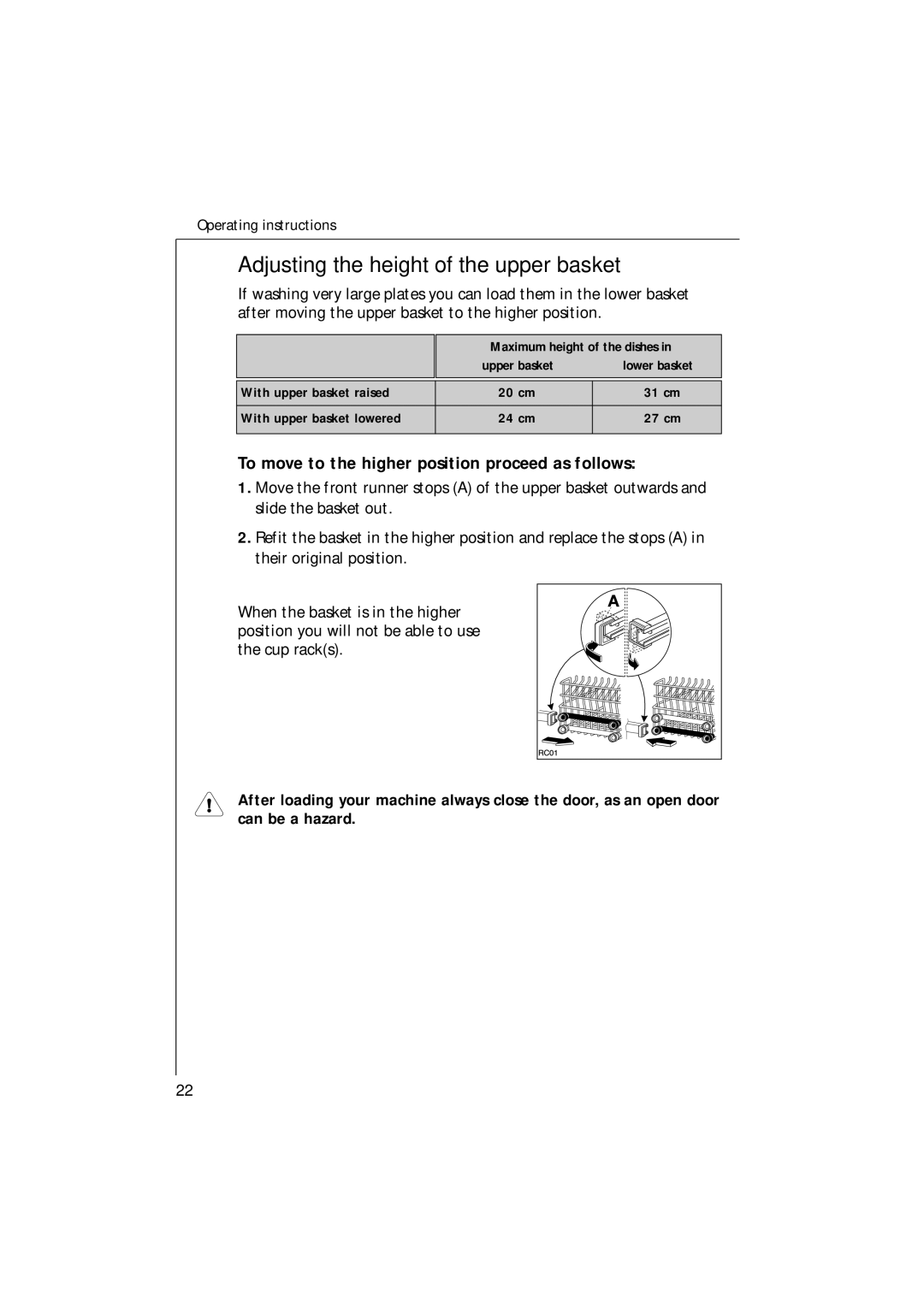 Electrolux U30205 manual Adjusting the height of the upper basket, To move to the higher position proceed as follows 