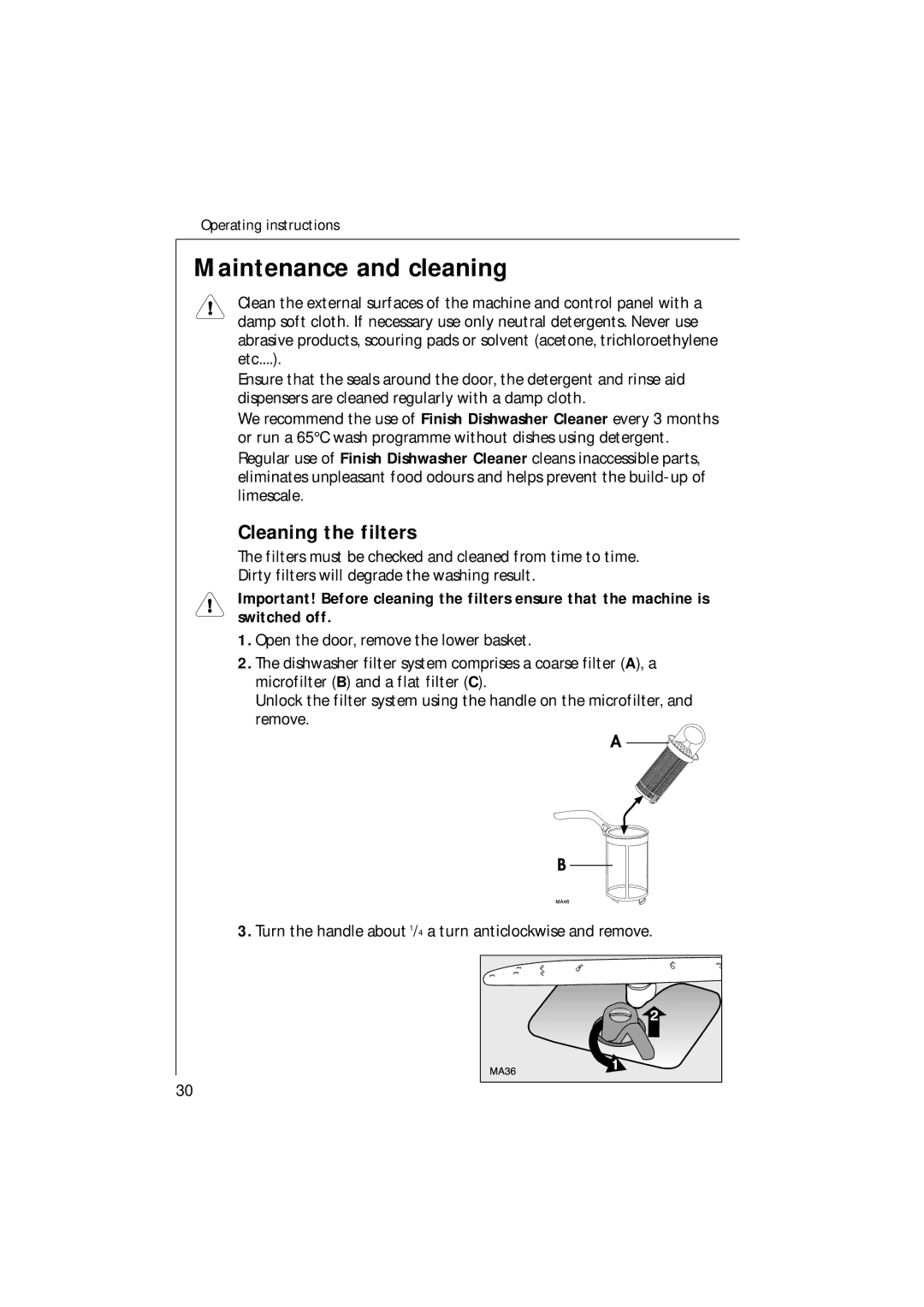 Electrolux U30205 manual Maintenance and cleaning, Cleaning the filters 