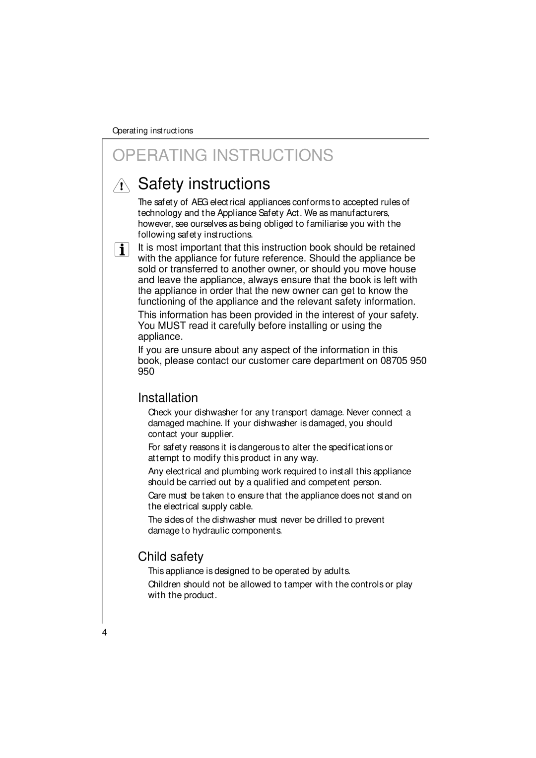 Electrolux U30205 manual Safety instructions, Installation, Child safety 