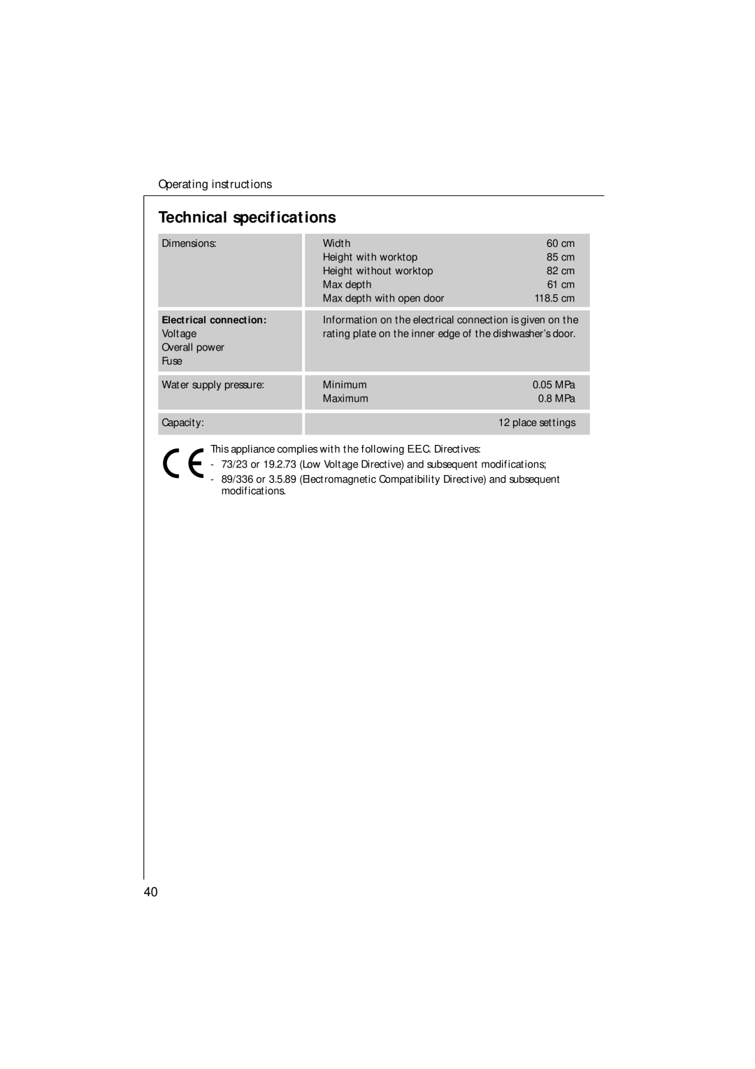 Electrolux U30205 manual Technical specifications, Electrical connection 