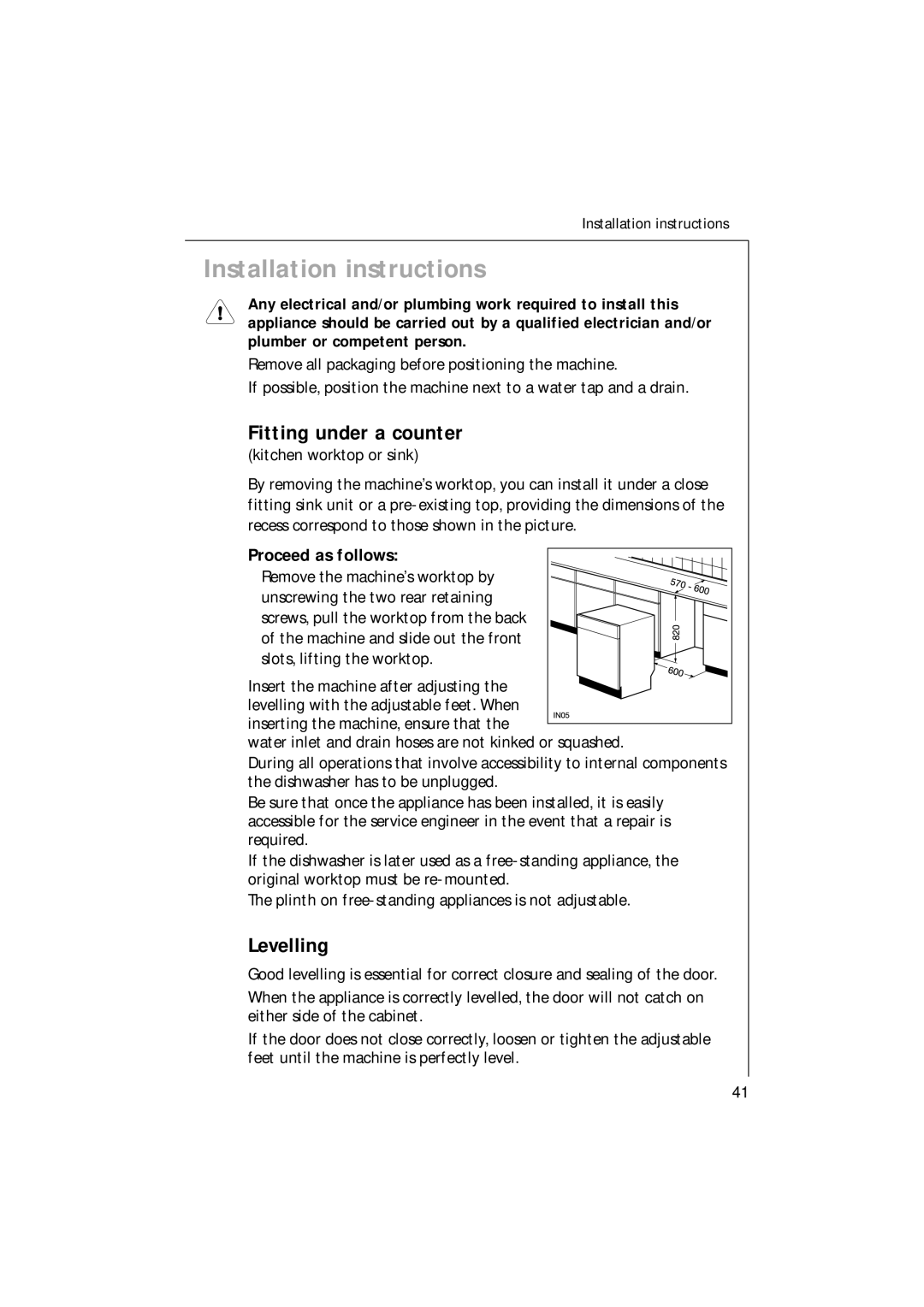 Electrolux U30205 manual Fitting under a counter, Levelling, Proceed as follows 