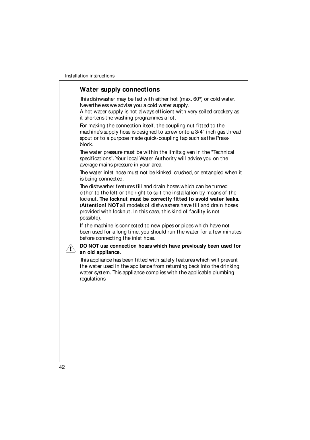 Electrolux U30205 manual Water supply connections 