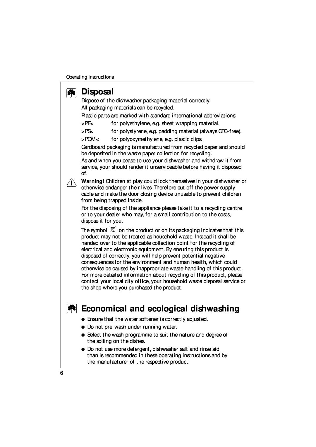 Electrolux U30205 manual Disposal, Economical and ecological dishwashing 