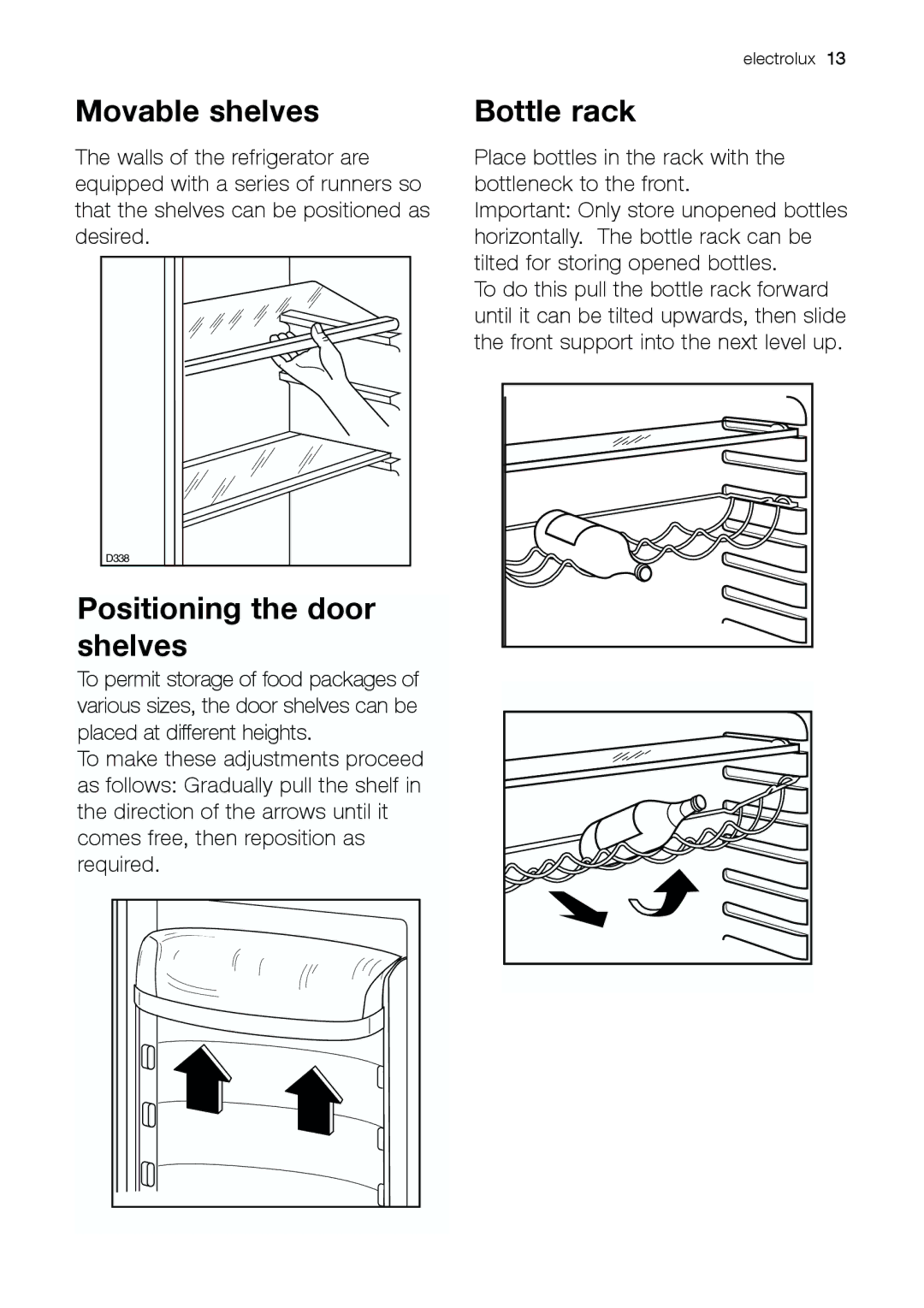 Electrolux U30421 manual Movable shelves, Positioning the door shelves, Bottle rack 