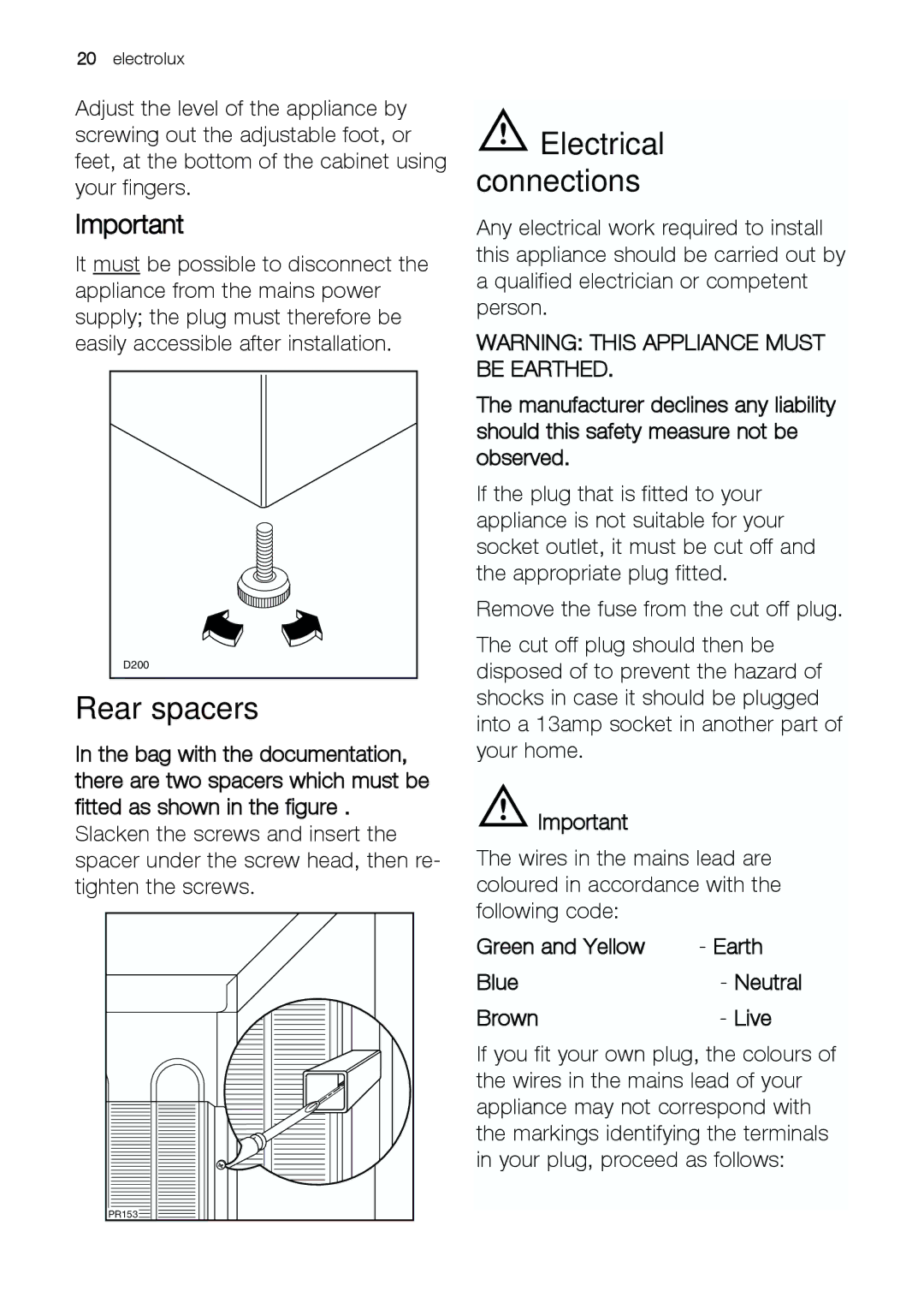 Electrolux U30421 manual Rear spacers, Electrical connections 