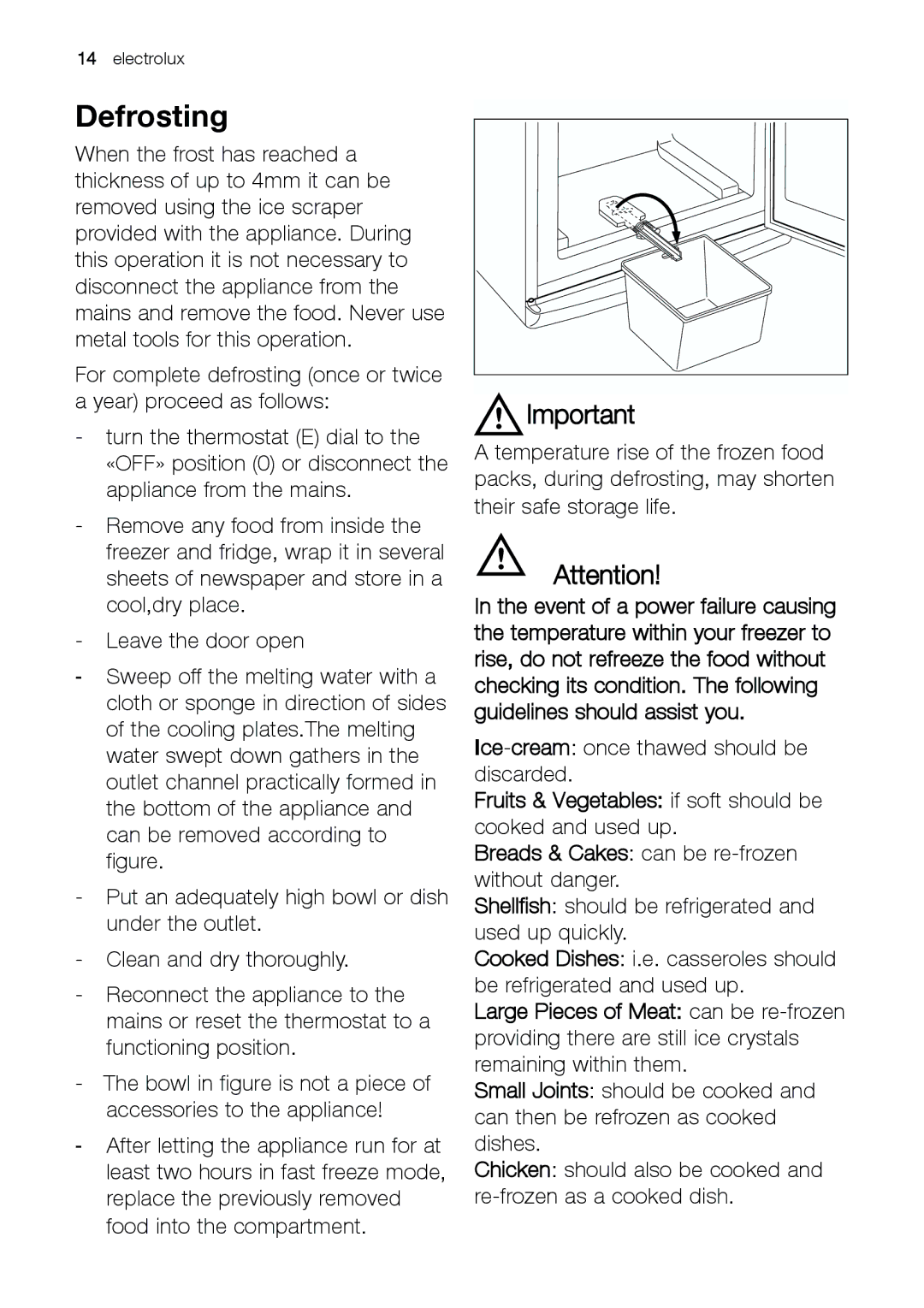 Electrolux U30426 manual Defrosting, Fruits & Vegetables if soft should be cooked and used up 