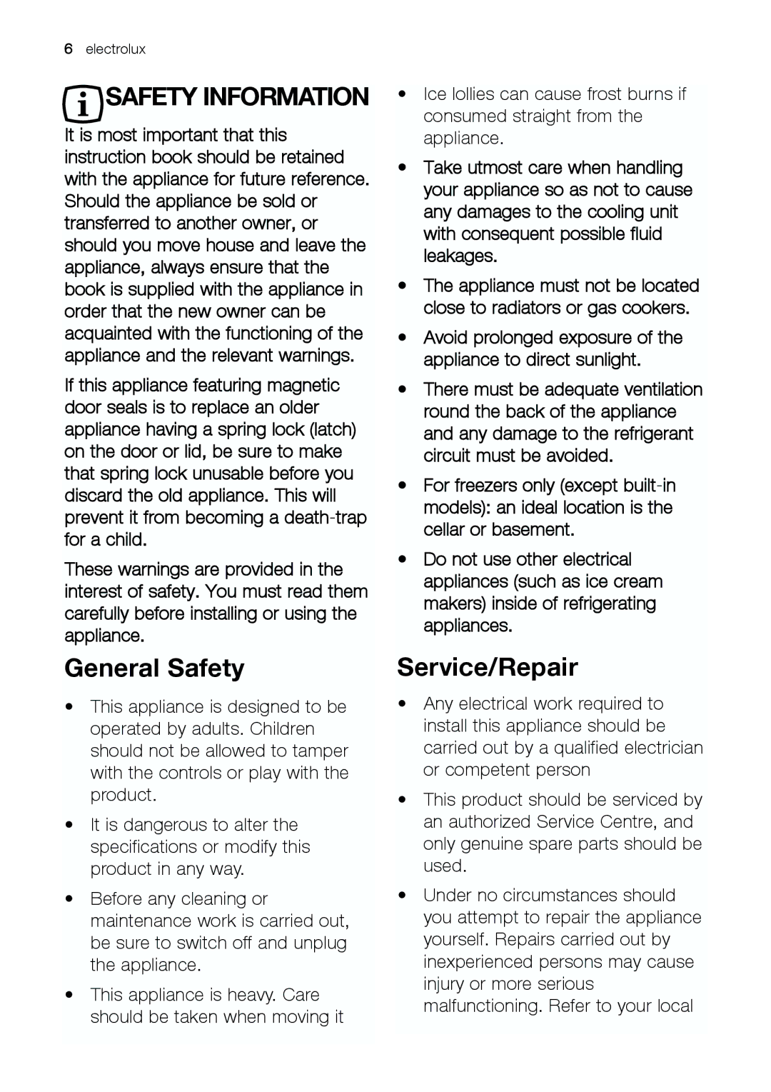 Electrolux U30426 manual General Safety, Service/Repair 