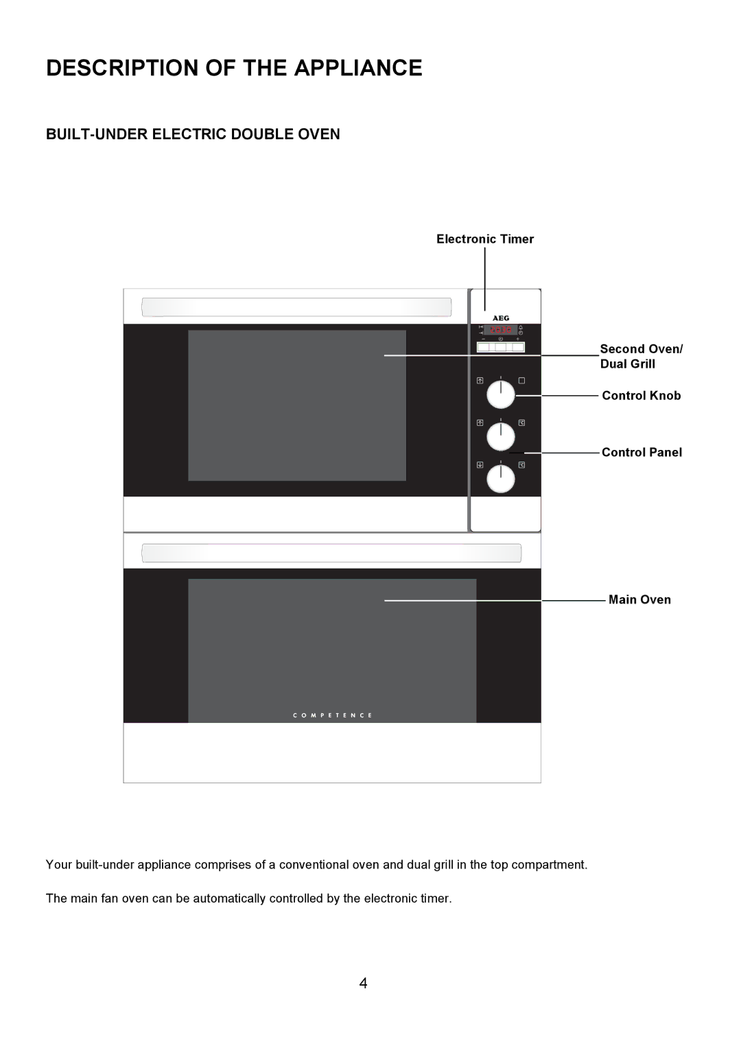 Electrolux U3100-4 manual Description of the Appliance, BUILT-UNDER Electric Double Oven 